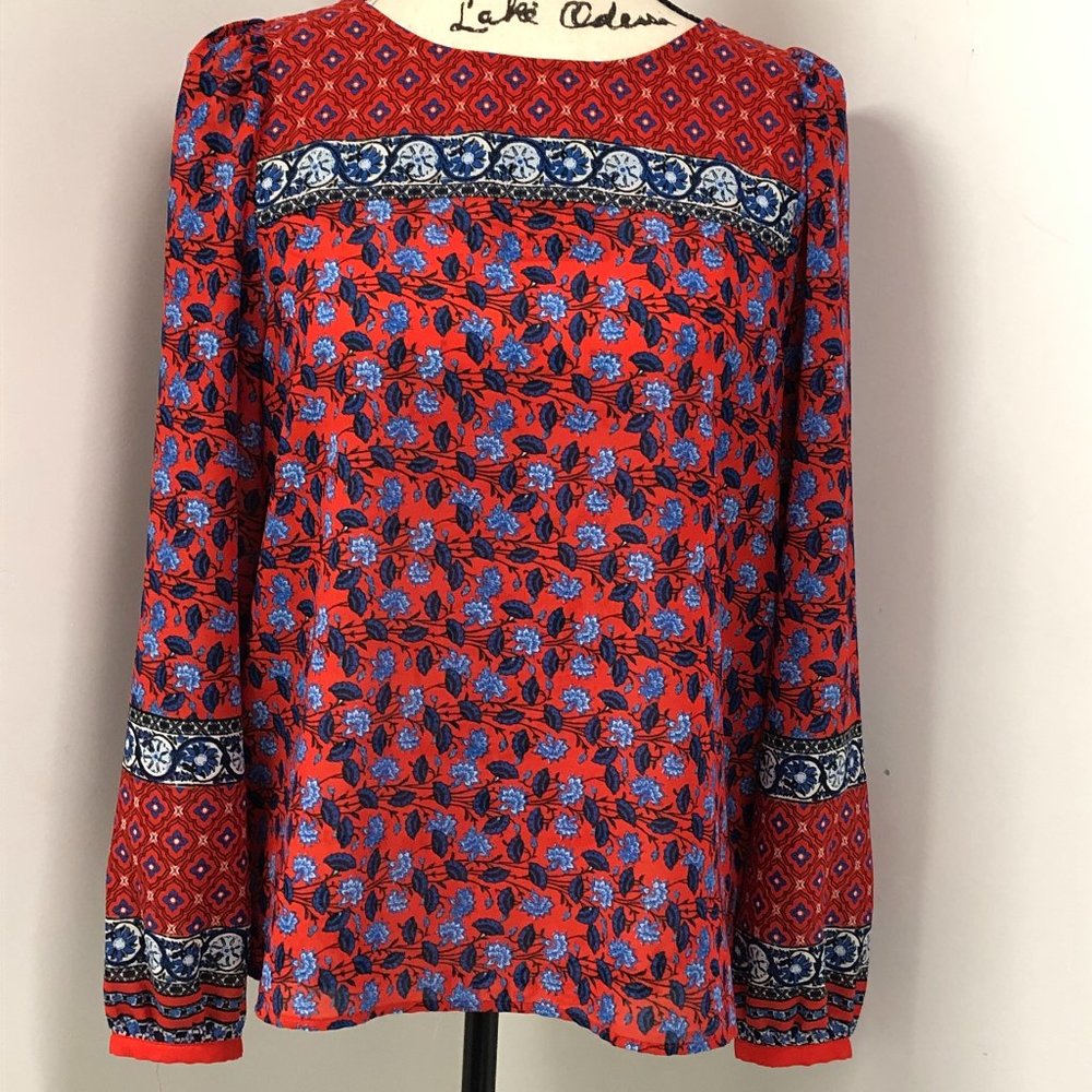 Loft Red with Shades of Blue Florals Blouse Size S